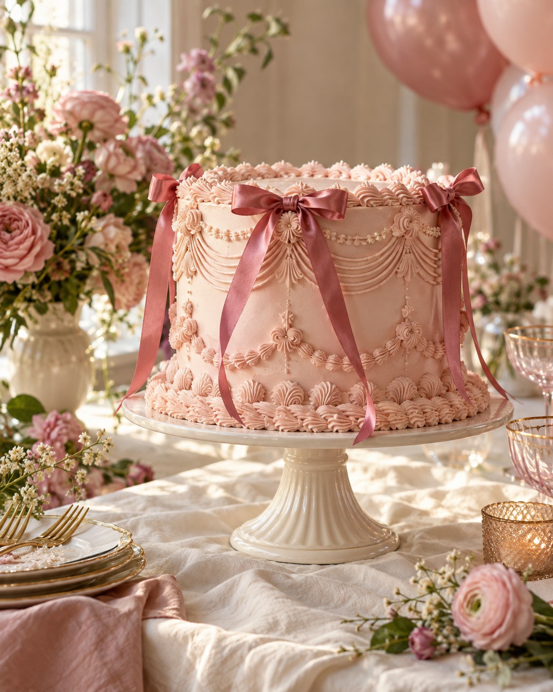 Cake and celebration styling inspiration with blush buttercream, satin bows and flowers